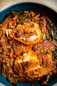 Mangalorean Pot Roast Chicken with potatoes and spinach